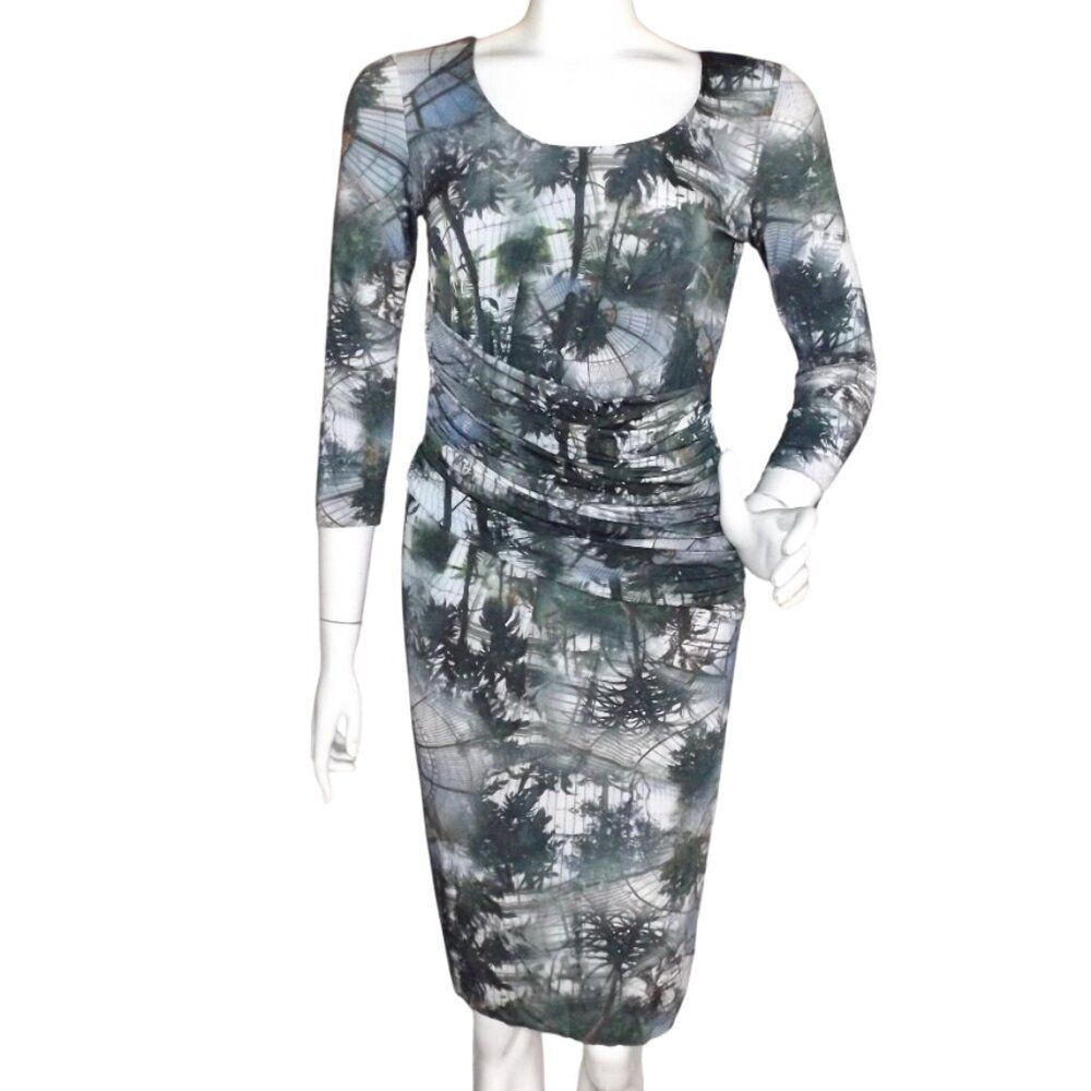 ESCADA Dress, 36/US 6, Elmonde/Forest print, Gathered Waist, Trees/Atrium, Zip